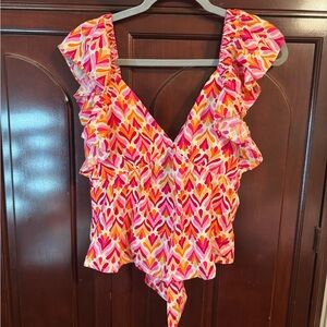 Pink Lily Vibrant Pink and Orange Ruffle Top